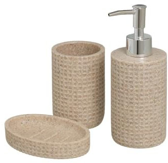 Set de Accesorios de baño 3 Piezas de dispensador portacepillos y jabonera de poliresina Color Beige (Beige)