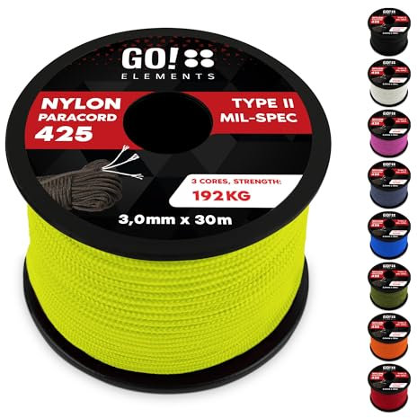 GO!elements 30m Paracord Seil aus reißfestem Nylon - 3mm Paracord 425 Typ II max. 192kg - Schnüre als Outdoor Seil, Allzweckseil, Survival Seil, Armband, Hundeleine, Nylonschnur, Farbe: Neon