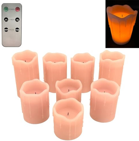 Online Fuchs 8 LED Kerzen aus Echtwachs mit Wachstropfen, Fernbedienung und 6 Stunden Timerfunktion - Stumpenkerzen Set (Rosa)