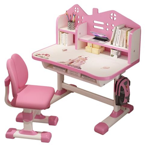 Shienfir Set di scrivania e sedia per bambini, altezza regolabile, con ripiano e cassetto integrati, motivo astronauta, sedia ergonomica con grande lavagna rosa, 1