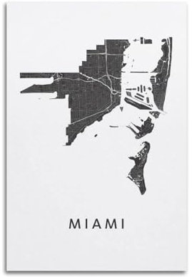 ZSZWHJ Poster, Vintage-Karte, schwarz, weiß, Motiv: Vereinigte Staaten, Miami-Poster, dekorative Malerei, Leinwand, Wandposter und Kunstdruck, moderne Familienschlafzimmer-Dekoration, Poster, 20 x 30