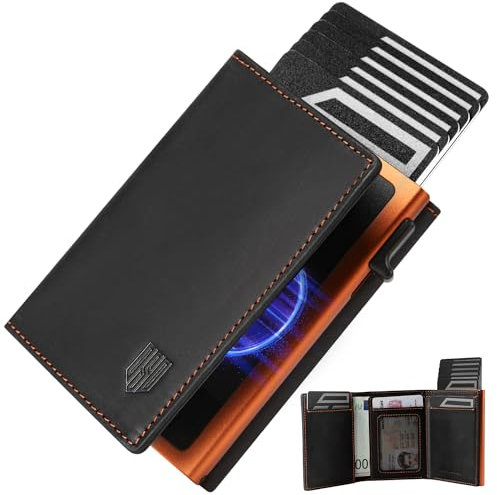 DODENSHA MagSnap Portmonee Herren I Slim Wallet mit Münzfach I Kreditkartenetui Geldbeutel für 10+ Karten I Magnetischer Verschluss Geldbörse Herren I RFID Schutz I schwarzOrange