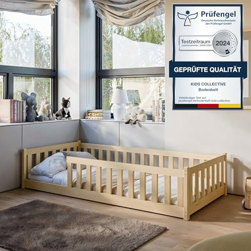 Kinderbett Bodenbett 90x200 cm mit Rausfallschutz, Matratze & Lattenrost Montessori Bett Bed Gitterbett Kinder Jugendbett Einzelbett | natur weitere Größen 80x160 | 120x200 | 140x200 cm