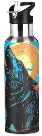 Wolf Heult Gehörnte Nacht Trinkflasche Wasserflasche mit Strohhalm für Sport, 600ML Thermosflasche BPA-frei Isolierflasche Edelstahl 18/8 für Kinder Wandern Schule