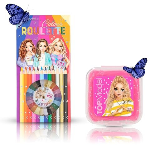 Depesche TOPModel Colour Roulette - Malspiel mit 12 dünnen Buntstiften und TOPModel Knetradiergummi Neonund Glitter (Fuchsia)
