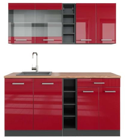 Vicco Singleküche R-Line, Bordeaux Hochglanz/Anthrazit, 160 cm, AP Eiche