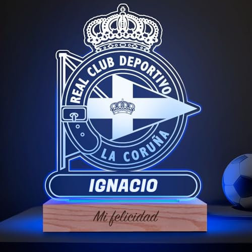 Transparent Gift Lámpara Personalizada Equipos Fútbol. Regalos Originales Cumpleaños Infantiles. Regalos para Hombres, Día del Padre. Diseño Escudo Coruña de Metacrilato y Madera. Luz LED