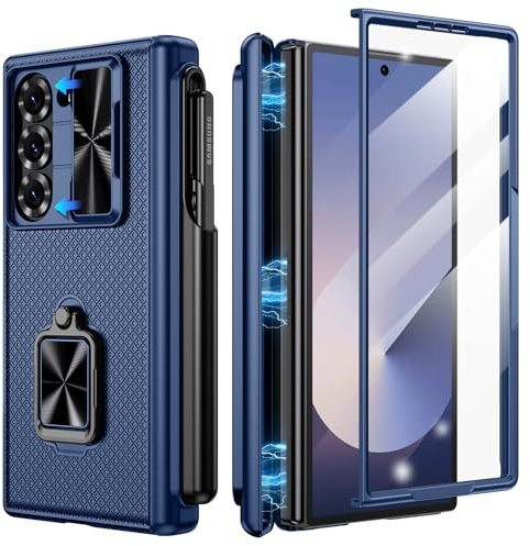 Doeshine Coque pour Samsung Galaxy Z Fold 6, Porte-S Pen, 360 ° Rotatif Support, Protection D'écran et L'appareil Photo, Protection Contre Les Charnières, Armor Cover Case Housse 2024 (Bleu)