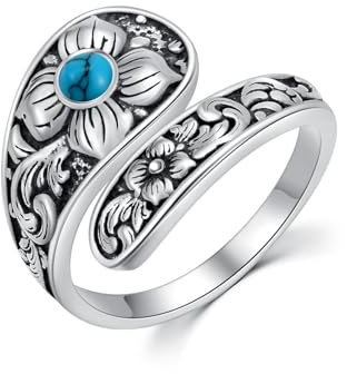 PROESS Turquoise Ring for Women Adjustable 925 Sterling Silver Flower Filigree Spoon Ring Flower Rings Jewelry Gifts
