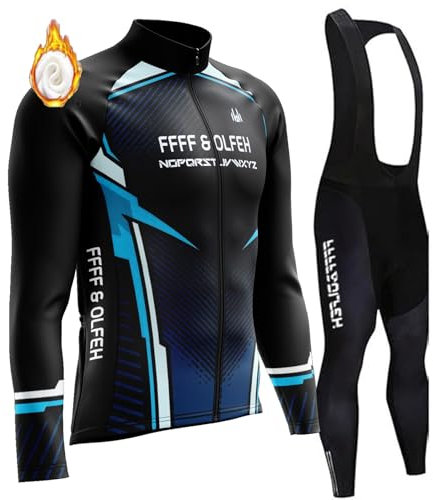 Herren Langarm Radsportanzüge Radtrikot Set Radfahren Kleidung Langärmeliges Fahrradtrikot Winter Warm Fleece Atmungsaktiv Quick-Dry mit 9D Gel Gepolsterten Trägerhosen (PT9,L)