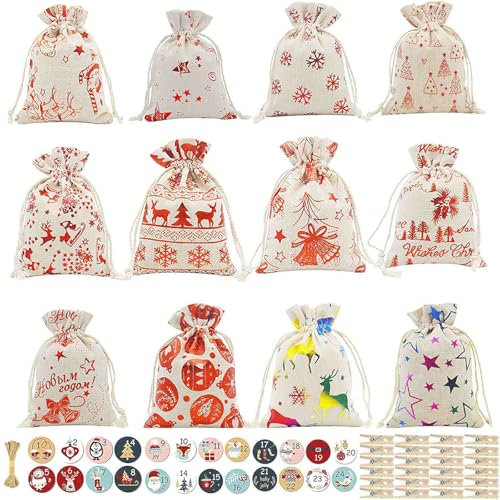 24 Stück, 12 Stile, Weihnachts-Adventskalender, 24 Tage Countdown-Kalender, Jutebeutel, Geschenkbeutel, Adventsnummern, Aufkleber, Clips, Schnur