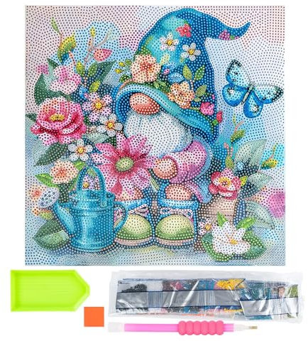 Ideen mit Herz Diamond-Painting-Motivleinwand auf Keilrahmen | 30 cm x 30 cm | Set inkl. Werkzeug (Wichtel mit Blumen)