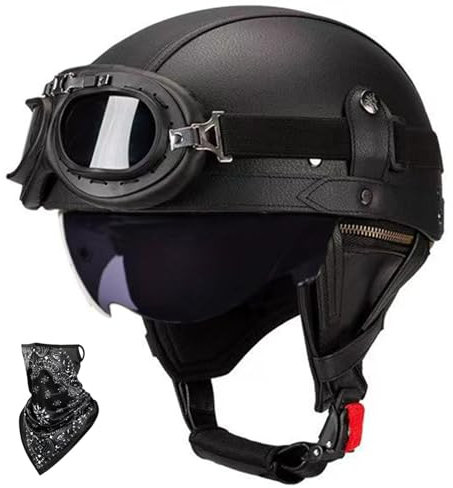 Beyswage DOT/ECE Zulassung Leder Halbschalenhelm, Retro Motorrad Halbhelm mit Brille, Schnellverschluss Schnalle, Erwachsene Halbschale Jet-Helm, Cruiser, Scooter Helm Vintage(55~62CM)