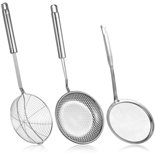 Stainless Steel Strainer Set, 3-Piece Metal Skimmer Spoon Spider Strainer Ladle Wire Sieve Large Holes Slotted Colander Fryer Scoop Fine Mesh Strainers with Handle, Food Sifter for Kitchen Cooking