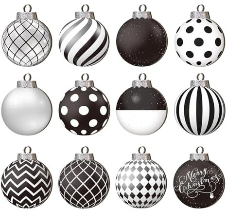 Decorazioni natalizie in bianco e nero | Ornamenti con palline legno pendenti a strisce bianche nere | 2D Palline nere per l'albero Natale | 12 giorni ornamenti natalizi per decorazione delle vacanze