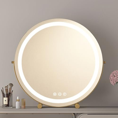 Grand miroir de courtoisie rond doré avec lumières - Miroir de maquillage sur pied pour coiffeuse - Miroir de table rotatif