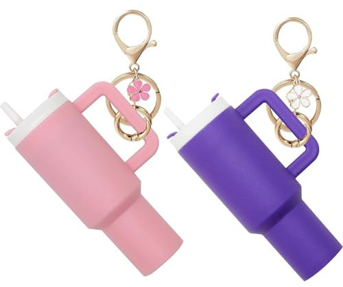 Tibest Mini Tumbler Keychain Chapstick Holder, 2 Pack Cute Miniature Cup Keychain Charm for Stanley Cup Accessories, Pink & Dark Purple, S