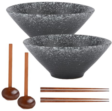 Henrrida 2 Sets (6 PCS) Ceramics Japanese Ramen Bowl Set Dishwasher and Microwave Safety Ramen Bowl Noodle Bowl with Chopsticks and Spoon 24oz Noodle Soup Bowl