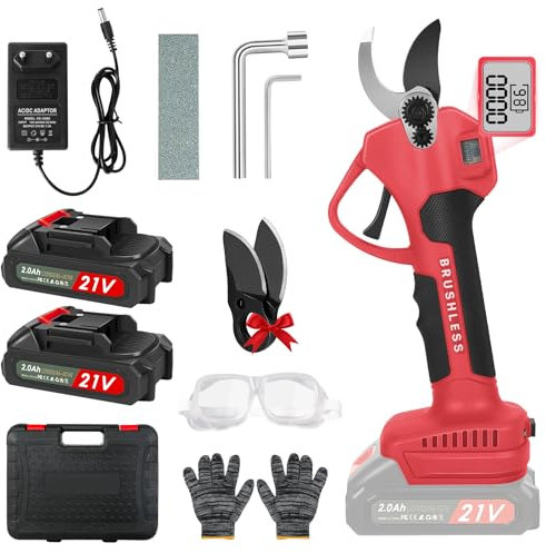 40mm Akku Astschere, Elektrische Gartenschere mit 2 Stück 21V 2000mAh Akkus & Ersatzklingen Set, LCD-Display, Bürstenlosen Motor, Elektrische Baumschere, Astschneider (Rot)
