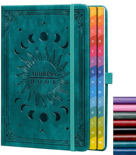 Adressbuch mit farbigen alphabetischen Registerkarten (21,3 x 14,5 cm) – Hardcover-Kontaktorganizer für Website-Passwörter, Telefon, Softwarelizenzen und wichtige Informationen – Seegrün
