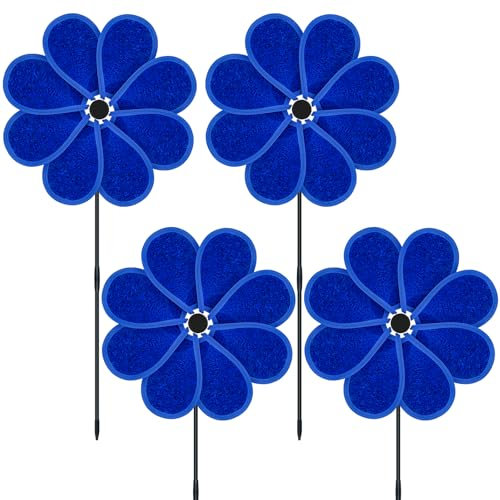 DECEED 4PCS 11.4 W x 28 H Reflective Pinwheels Sparkly Lawn Wind Spinners Colorful Rainbow Windmill for Garden Decoration Bird Devices Deterrent to Scare Birds Away（Blue）