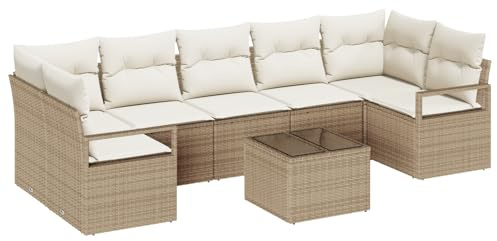 vidaXL 8-teiliges Gartensofa-Set mit Kissen in Beige aus Poly Rattan – wetterfestes, modulares Design für die Terrasse. Bequeme Sitzgelegenheiten und EIN Kaffeetisch für Deine Lounge im Freien.