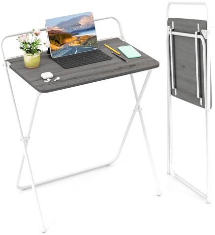 COSTWAY Folding Computer Desk, No-Assembly Simple PC Laptop Table Writing Workstation, Wooden Metal Frame Space Saving Home Office Work Study Desk (Grey, 1 Tier)