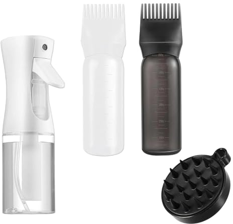 Hair Oil Applicator Set with Spray Bottle, 2 Scalp Root Dye Bottles and Massage Brush, Reusable PP Material for Hair Treatment and Styling, Leak-Proof Design, Lightweight and Portable for Ho