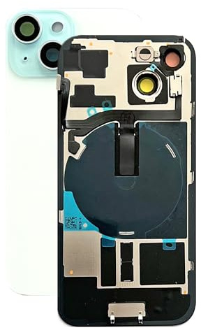 SVV Backcover, Akkudeckel passend für iPhone 15 Serie. Vormontiert : mit QI/NFC Flexkabel, Magnet, Metallträger, Kameraringe, etc. Genau wie auf das Foto. Ersatzrückglas. OEM (Blau)