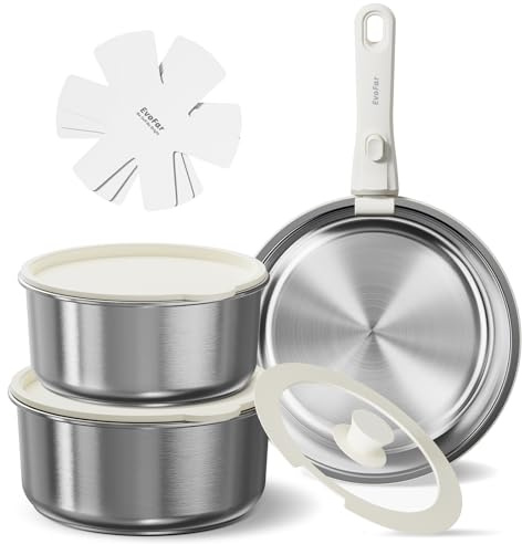 EvoFar Edelstahl Topfsets Pfannenset 10-Teilig, Kochgeschirr Set ohne Beschichtung mit abnehmbarem Griff, 24 cm Pfanne, 18/20 cm Töpfe, stapelbar, für alle Herdarten, spülmaschinenfest, ofenfest