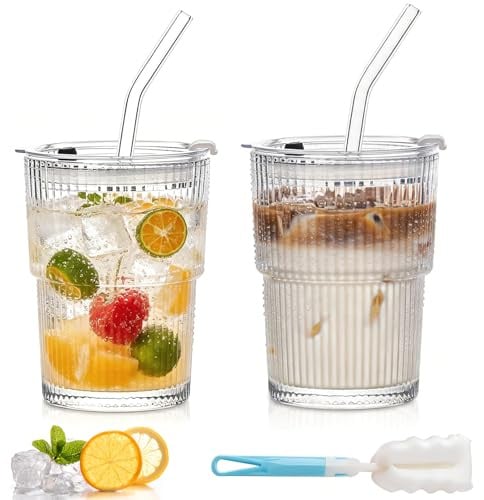 NBOUOU 380ml Iced Coffee Cup Glass Tumbler with Lid and Straw, Glass Cups with Lids and Straws Reusable Glasses Coffee Cup for Iced Coffees Matcha (2 Pack)