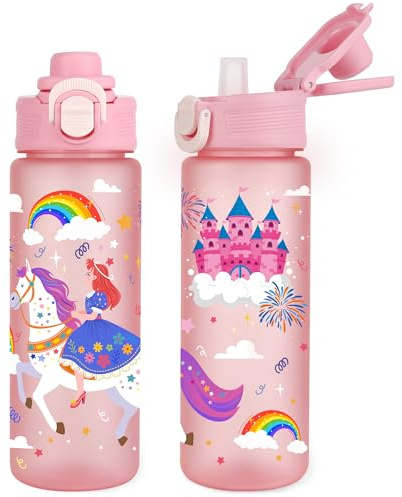 Queenshin Girls Princess Horse Water Bottle with Straw for School Kids 22oz | Large Plastic Leak Proof Children Waterbottle Cup, Handle Pop-Up Cover, Sports Back to School Camping Birthday Gifts, Pink