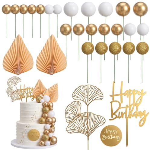 White Gold Balls Cake Toppers, Paper Palm Fan Cake Topper Balls Cake Pick, Champagne Rose Cake Decoration, Boho Birthday Cake Decoration Balloon Cake Insert for Wedding Baby Shower Party Anniversary
