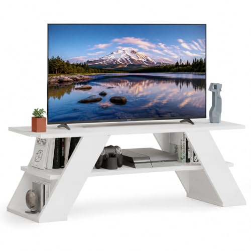 Shally Dogan Mobile Porta Tv Design Moderno in Legno, Armadietto per Soggiorno, Salotto con Doppio Ripiano, Struttura Resistente, Ideale per Casa e Ufficio, Multiuso, 120 x 33.5 x 40 cm (Bianco)