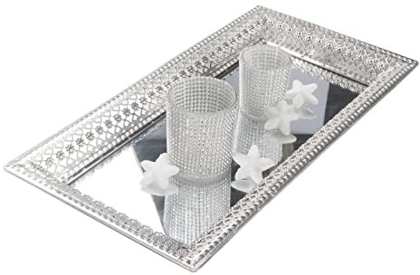 Vassoio a specchio Portacandela Shabby Chic HA-002ST, Vetro Metallo, argento, Diametro 29 cm