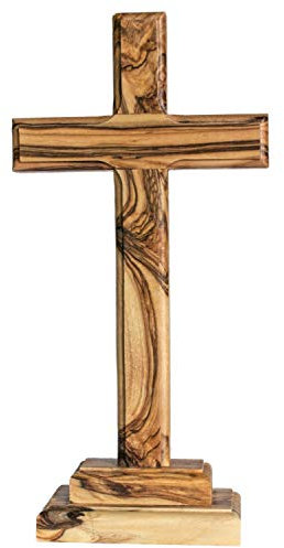 Motivationsgeschenke Kruzifix Stehkreuz 18x9cm & Bodenplatte, aus Olivenholz - Standkreuz mit abgerundeten Ecken & geschrägten Kanten - Tischkreuz, Gebetskreuz, Altarkreuz, Holzkreuz, Kreuz aus Holz
