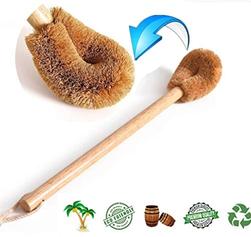 Escobilla de Inodoro, Cabezal de Fibra de Coco Natural, Mango de Madera de Goma con algodón Lanyard de Madera, para la Limpieza del Inodoro