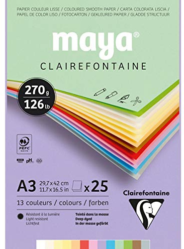 Clairefontaine 975337C - Malblock verleimt mit 25 Blatt Maya Zeichenpapier, glatt 29,7x42 cm 270g, Pastell farbig sortiert (12 Farben + 1 weiß )