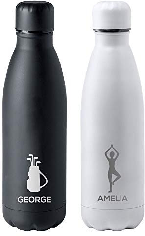 eBuyGB Personalised 790ml Stainless Steel Reusable BPA Free Matt Water Bottle - Icon & Custom Name Bottle - Use for School, Gym, Outdoor, Yoga & Sports (White)