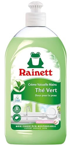 RAINETT - Liquide Vaisselle Mains - Formule Hypoallergénique - Préserve les Peaux Sensibles - Flacon Recyclé & Recyclable - Ecolabel - Thé Vert - 500 ml
