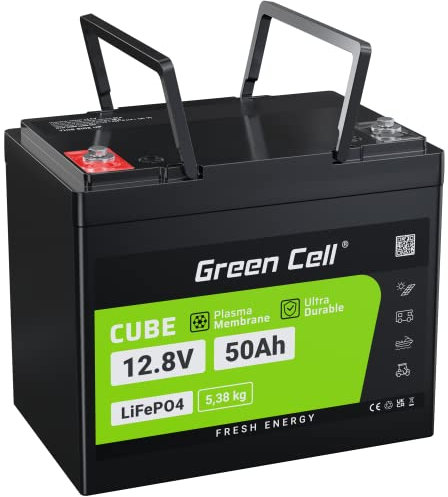 Green Cell LiFePO4 50Ah 12.8V Batterie 640Wh Lithium Akku 12V Eingebautes BMS, 10 Jahre Lebensdauer, über 5500+ Zyklen, Perfekt für Wohnmobil, Solaranlage, Boot, Solar Off-Grid
