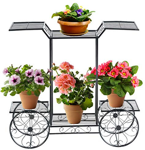 DREAMADE Scaffale Portafiori in Ferro Battuto, Supporto per Piante da Esterno e Interno, Portapiante a 4 Ripiani per Giardino, Balcone, Cortile, Ruote Immobili, 80,5 x 25 x 75 cm, Nero