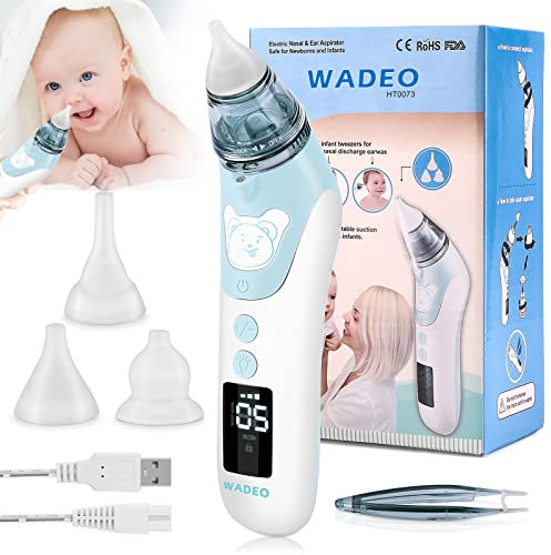 WADEO Mouche Bébé Electrique, Aspirateur Nasal pour Bébé, Rechargeable USB écran LCD, avec 5 Forces D'aspiration et 3 Embouts Silicone, Nettoyeur Nasal pour Nouveaux-nés, Enfants Bas âge