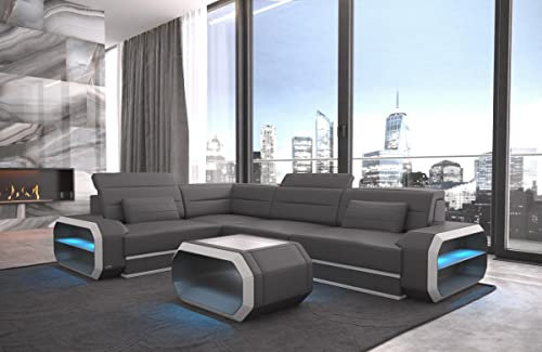 Ecksofa Verona Ledersofa L Form Sofa - mit LED Beleuchtung, verstellbare Kopfstützen/Lederfarben wählbar/Ausrichtung wählbar (Ecke Links, Grau-Weiß)