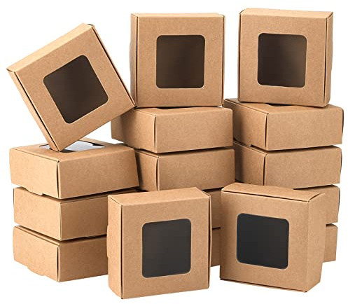 BENECREAT 28 Packungen 8.7x8.7x3.6 cm Kraftpapier-Box mit Durchsichtigen Fenstern, Papier-Geschenkbox Schmuckschatullen für Party Favor Treats Packaging