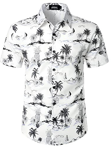 JOGAL Herren Blumen Kurzarm Baumwolle Hawaii Hemd weiß grau Mittel