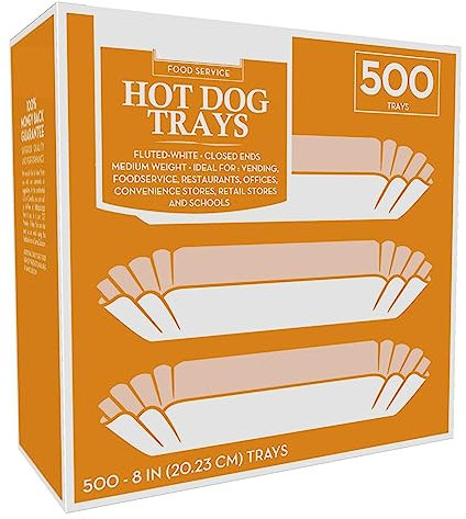 500 Paper Hot Dog Trays | White Hot Dog Wrappers | 8 Inch Hot Dog Tray Holders Plates | Disposable Fluted Hot Dog Boats | Hotdog Container - Concession Stand Trays - Hot Dog Cart Accessories