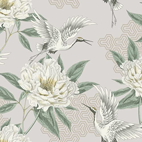 Grandeco Flying Cranes Floral Geometric Wallpaper Neutral 178302