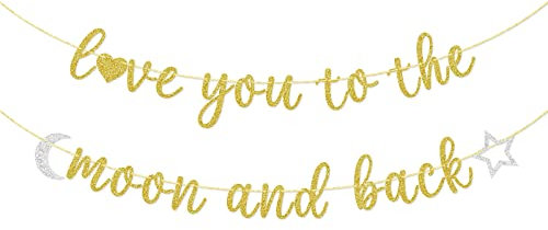 Love You to the Moon and Back-Banner, Hochzeit, Brautparty, Babyparty, Jahrestag, Party, Dekorationen, Gold-Glitzer