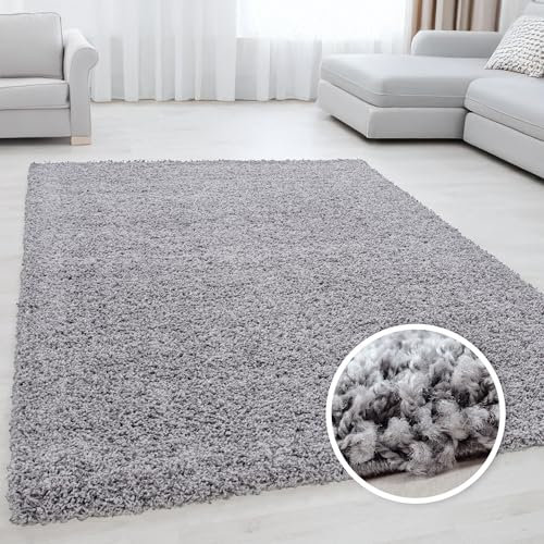 Miovani Hochflor Teppich 120 x 170 cm Hellgrau - Besonders weicher Shaggy Teppich in vielen Farben & Größen für Dein gemütliches Zuhause - Teppich Wohnzimmer & Schlafzimmer